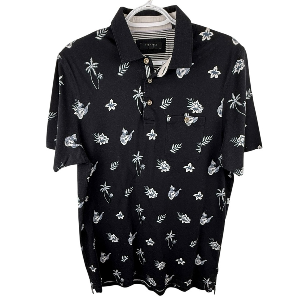 Ted Baker London Men's Polo Shirt Size 4 (Large) Black Tropical Palms Print
